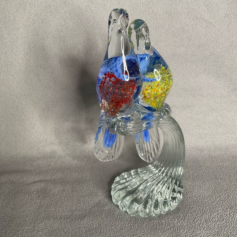 Vintage Murano Style Controlled Bubble Art Glass Birds Parrots Figurine on Stand